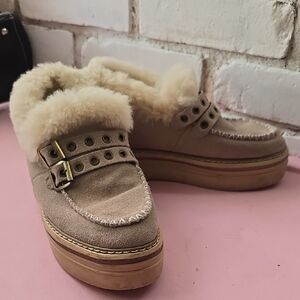 Women's Shearling-Lined Suede Platform Moccasins - Cream